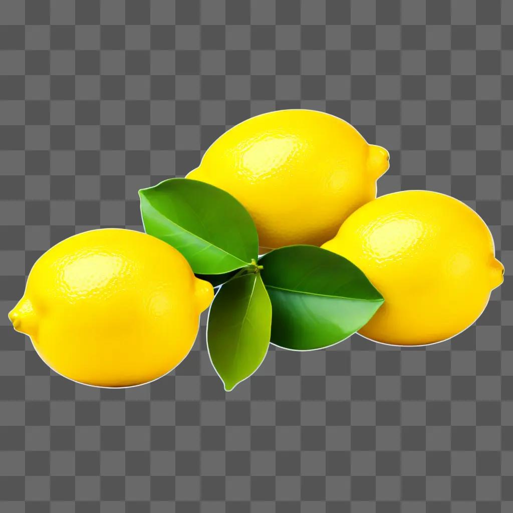 Four lemons with green leaves in a green background