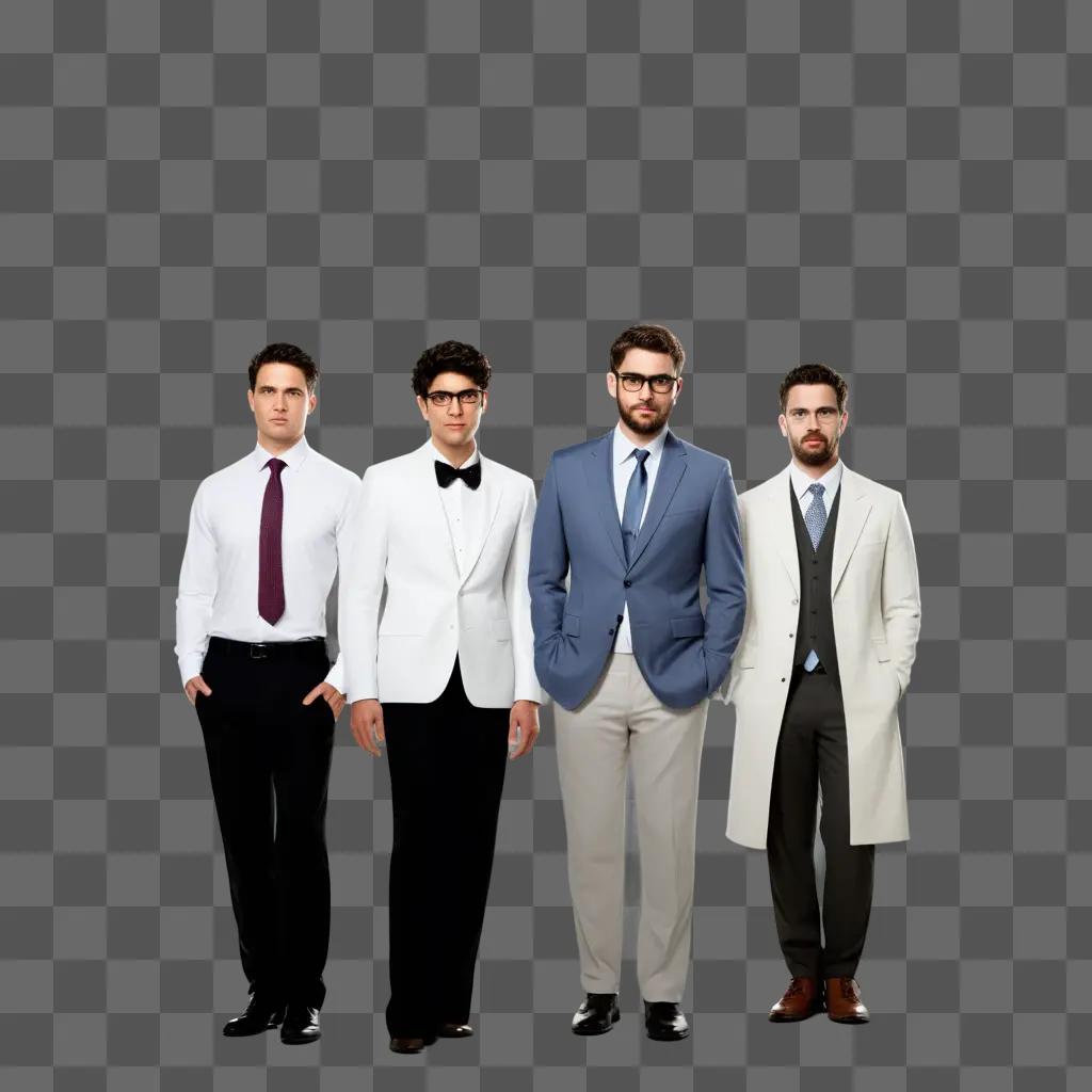 Four men in personas stand in a row