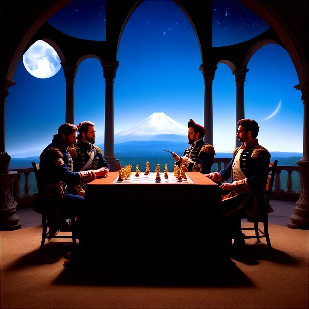 Four men play chess under a moonlit sky