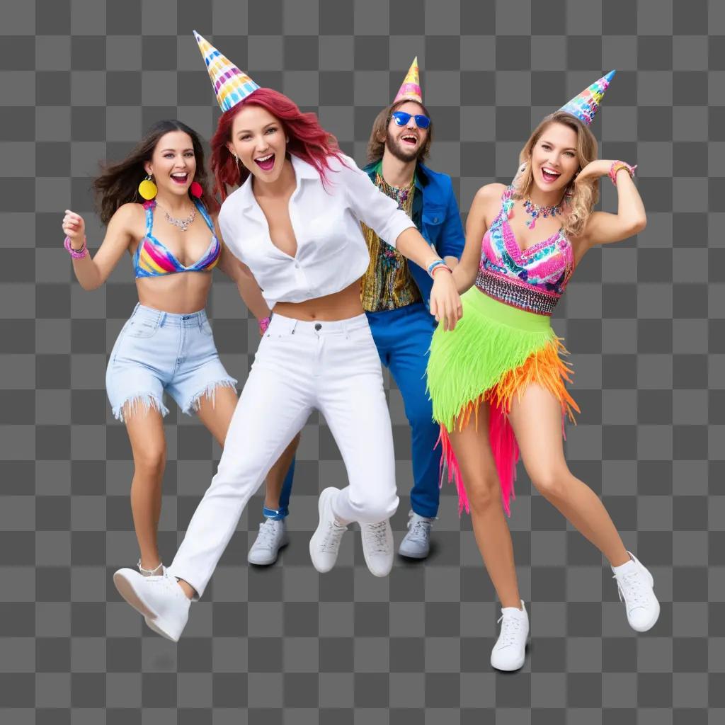 Four party animals wear party hats and leap into the air