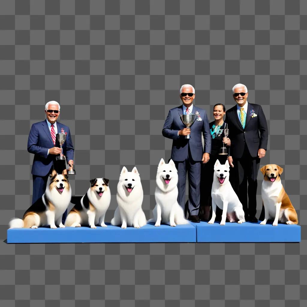 Four people and four dogs in a dog show