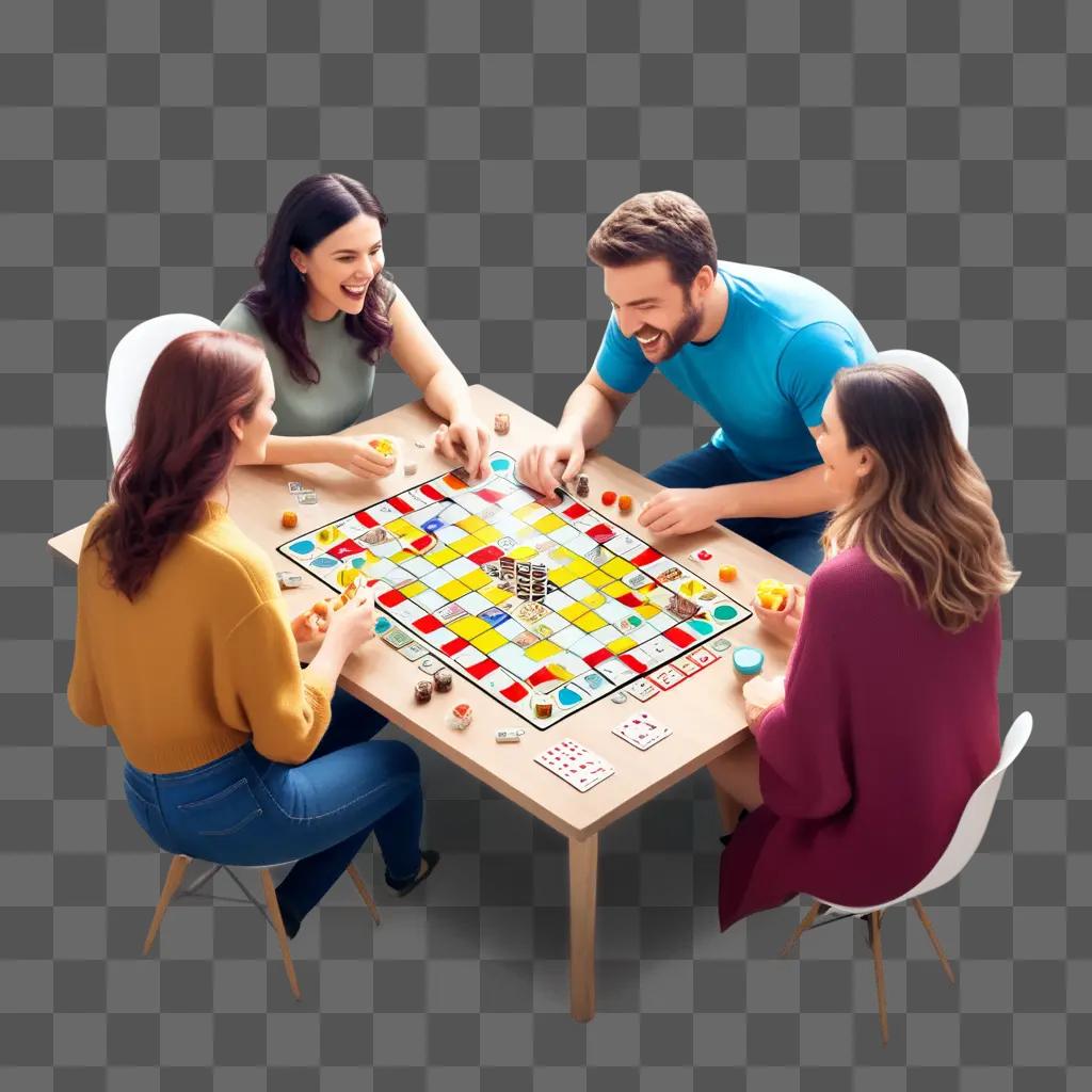 Four people are playing a board game together