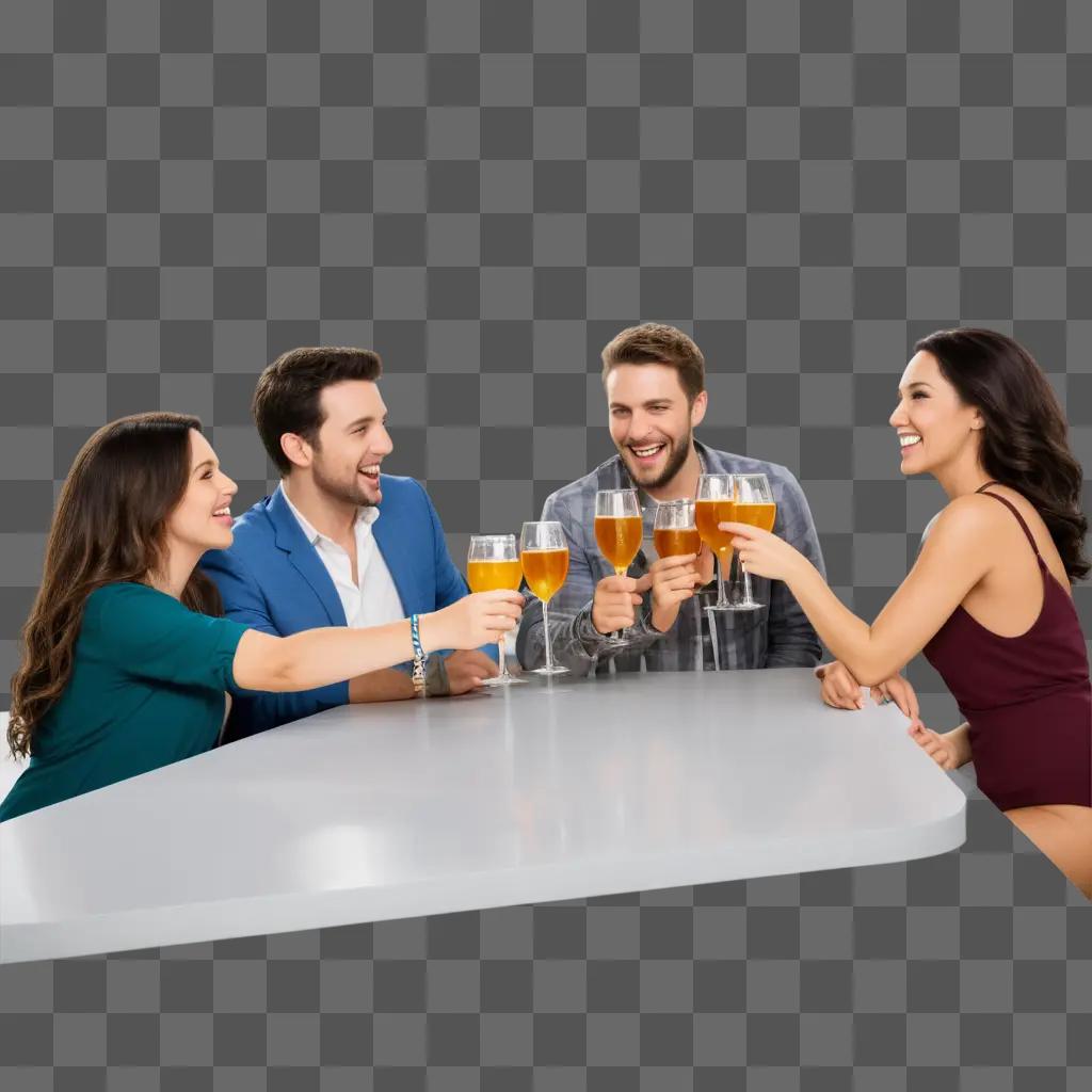 Four people celebrate with glasses of wine