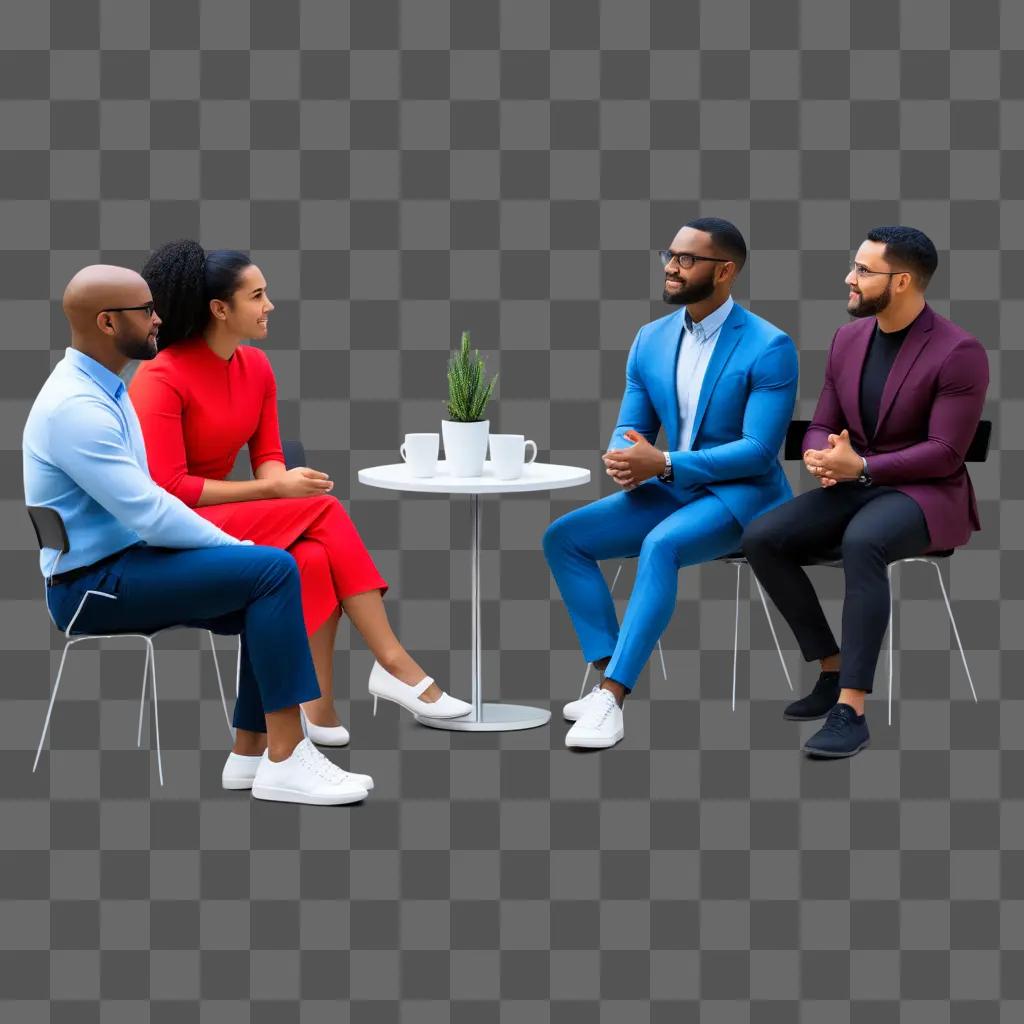 Four people discuss in a meeting