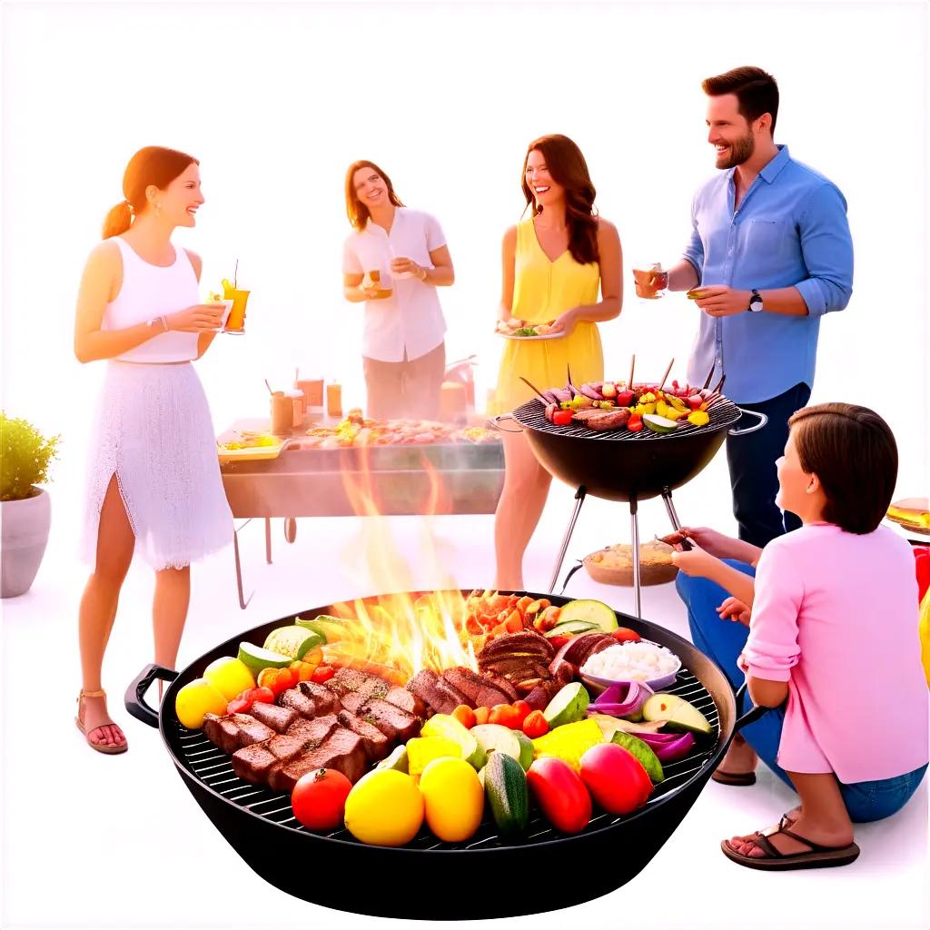 Four people enjoy a cookout with grilled meat