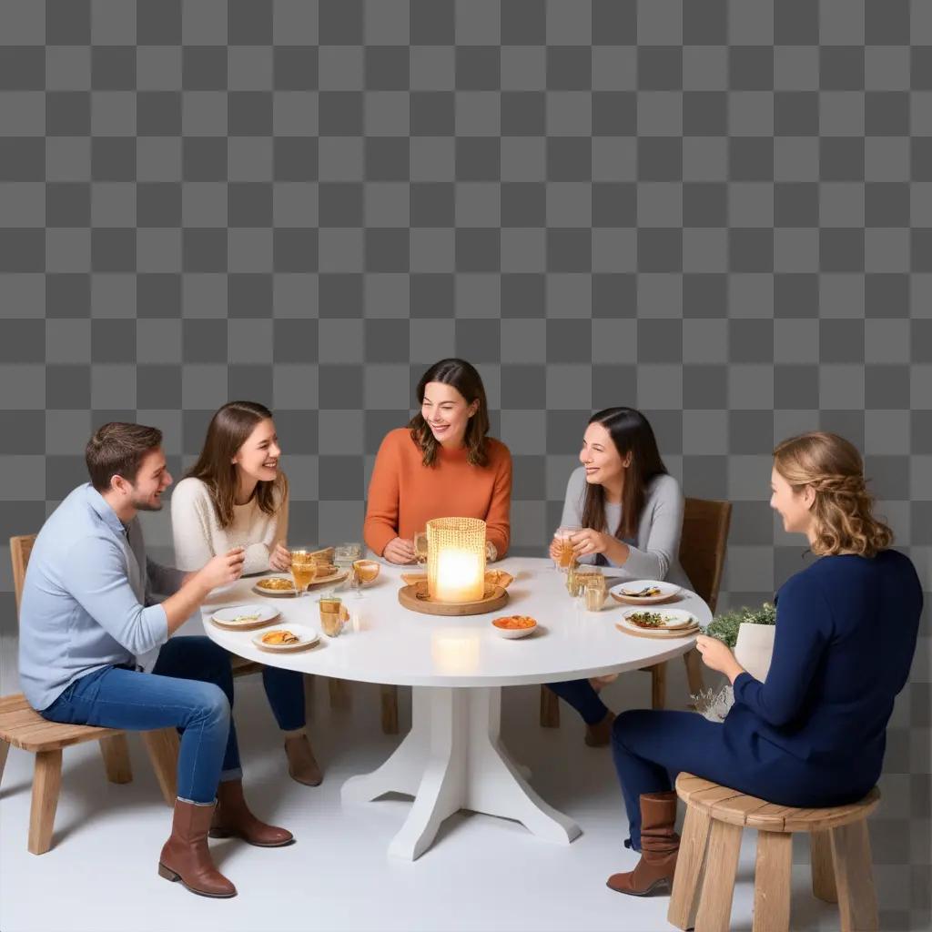 Four people gather around a round table for a meal