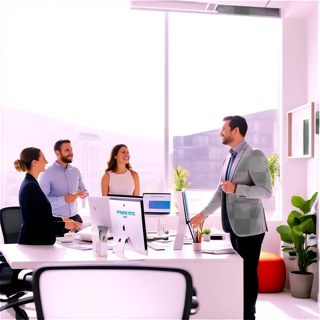 Four people in a meeting with a whiteboard