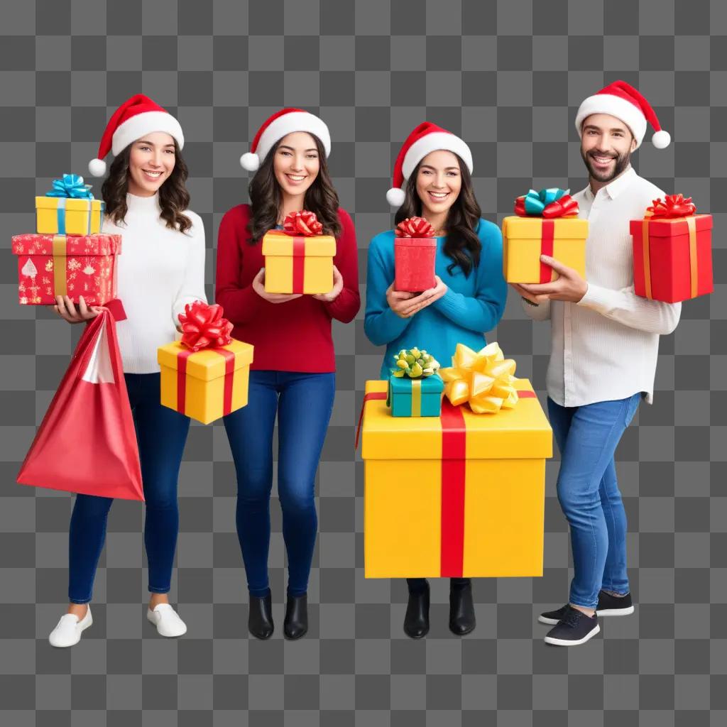 Four people in santa hats holding gift boxes