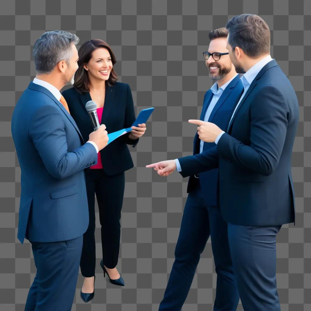 Four people in suits and ties stand in front of a blue backdrop