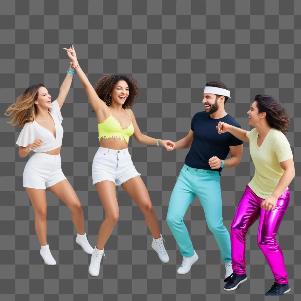 Four people partying and dancing together