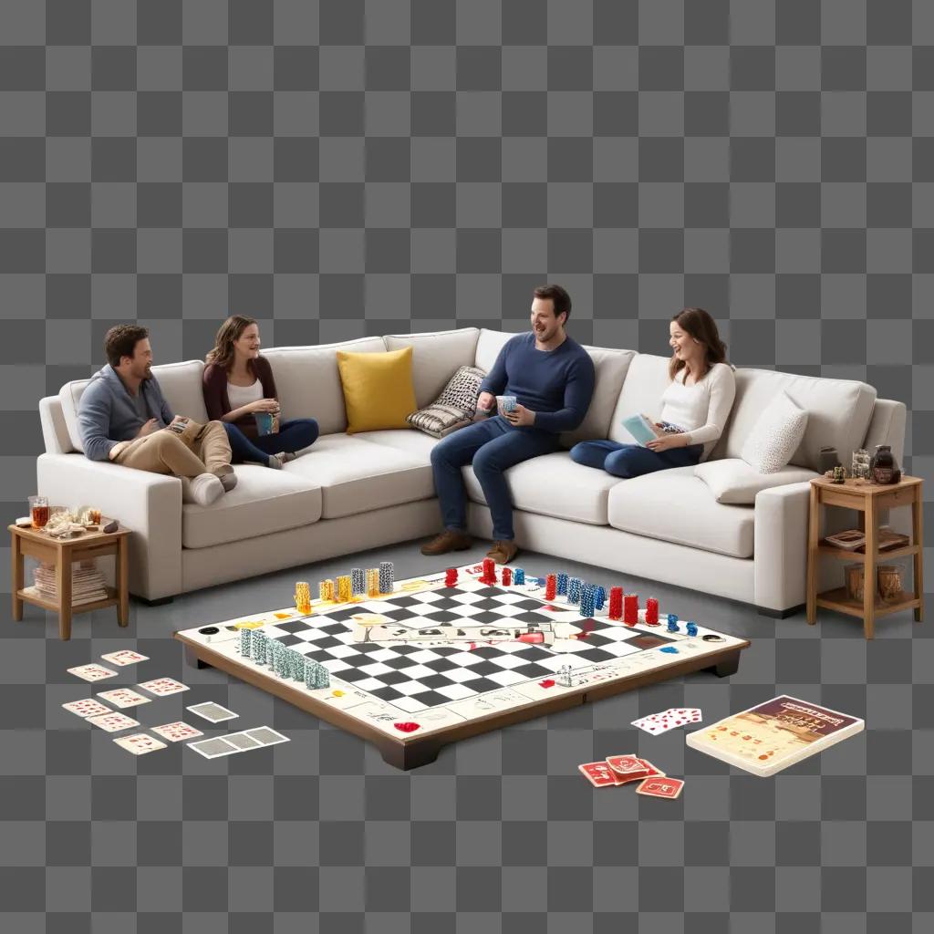 Four people play a board game while enjoying a drink