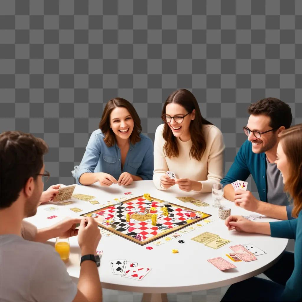 Four people play a game at a dining table