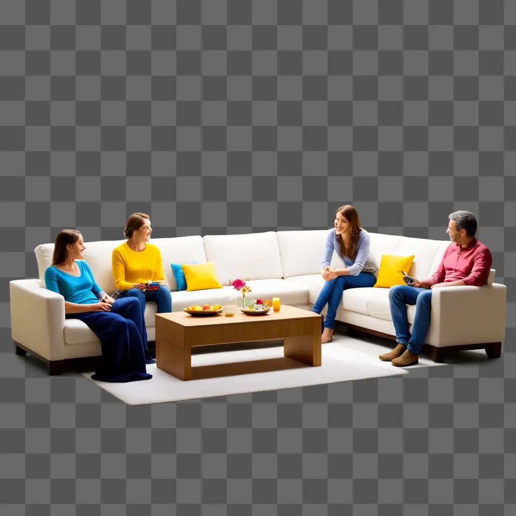 Four people sit on a white couch in a living room