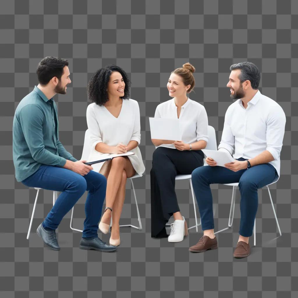 Four people sitting and discussing on white chairs