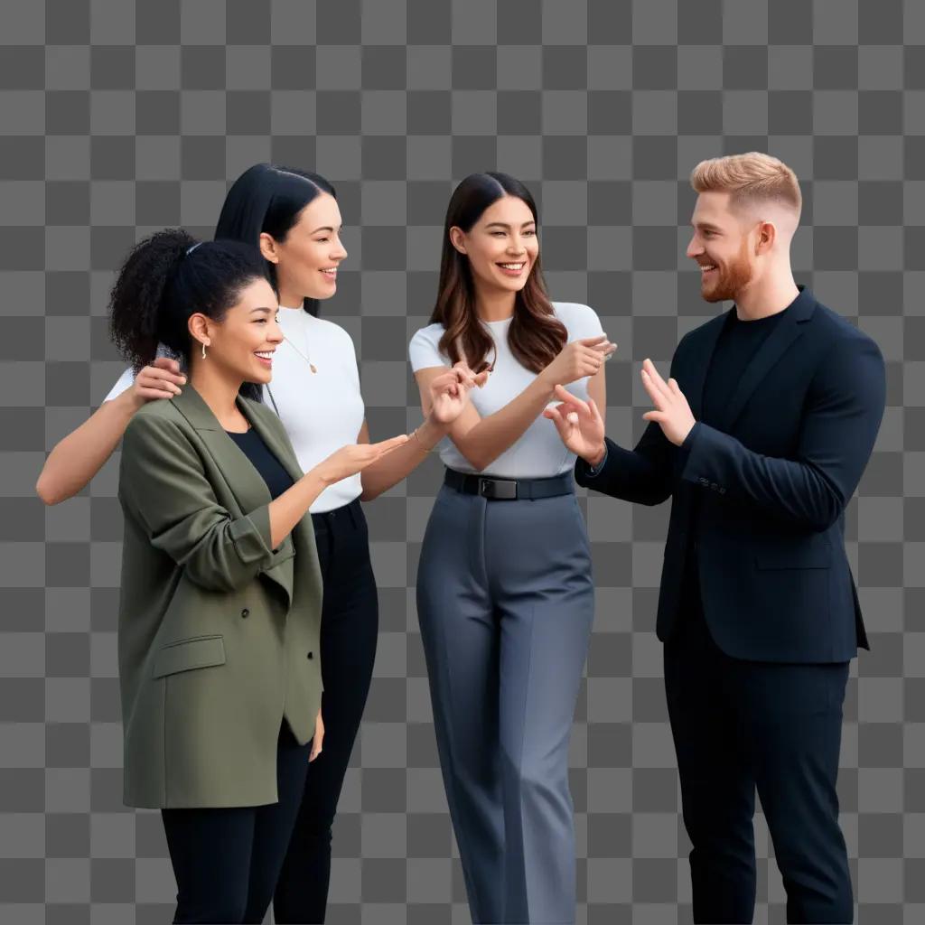 Four people smiling while communicating