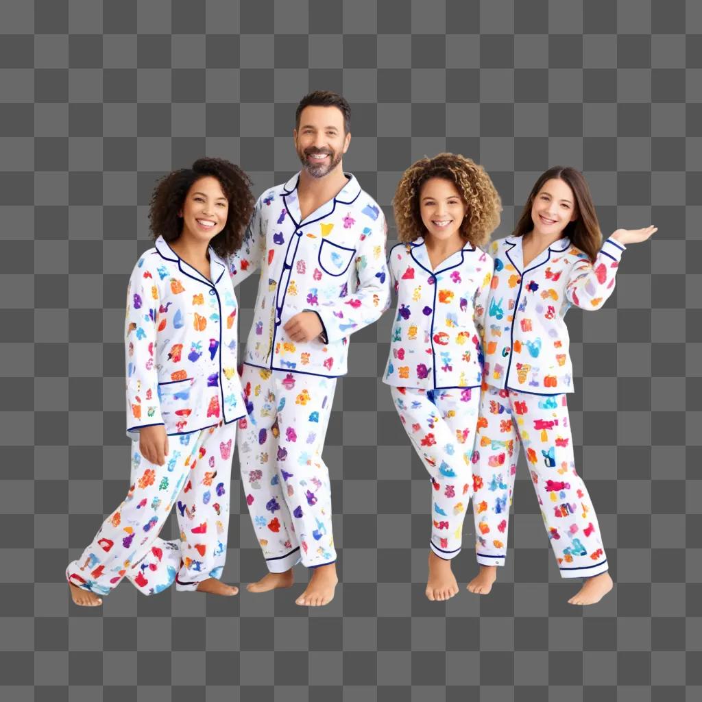 Four people wearing pajamas pose for a picture