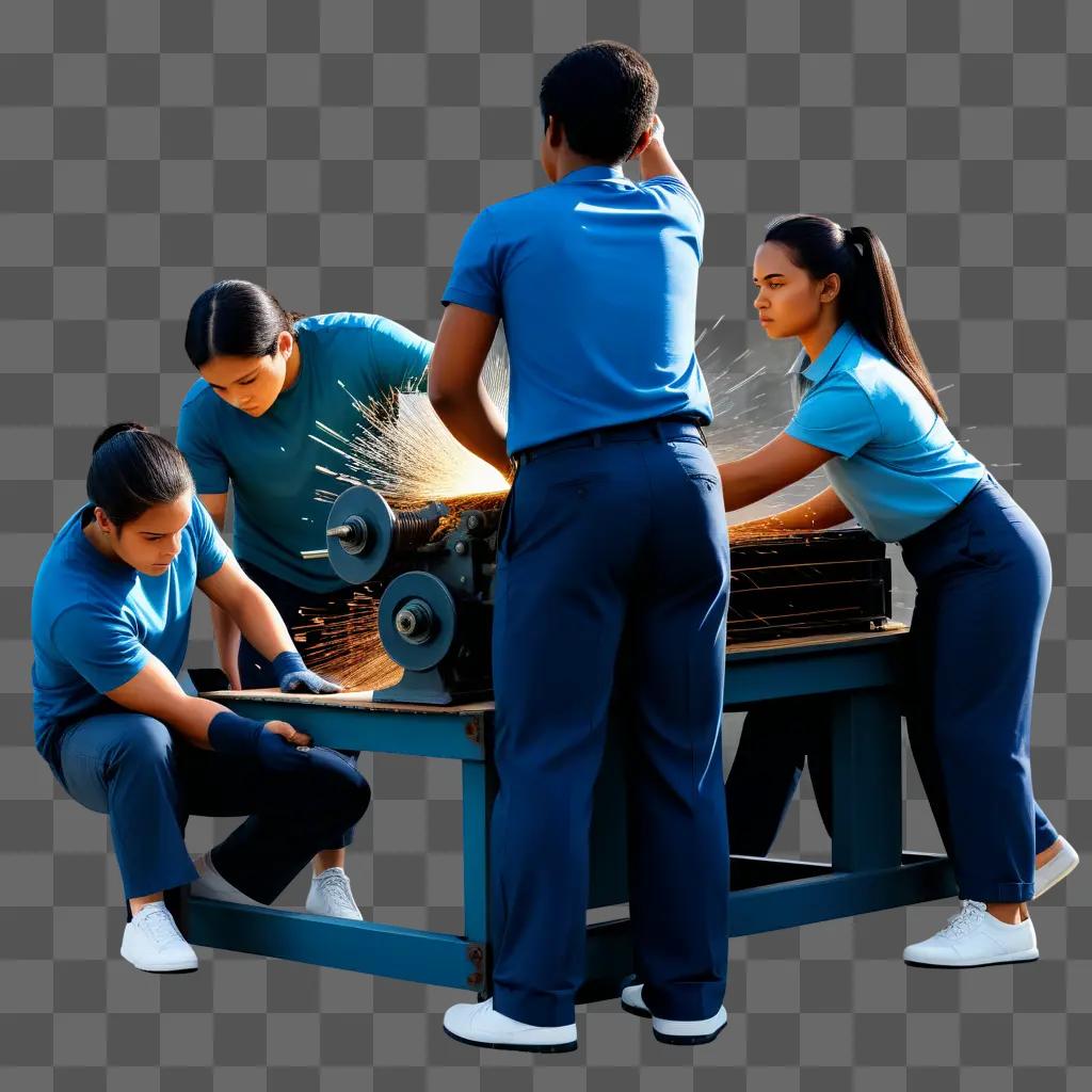 Four people working on a machine