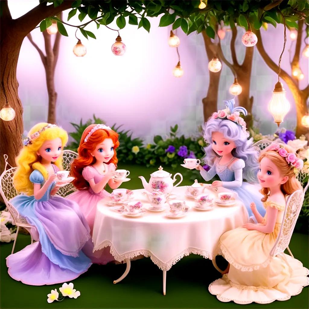 Four princesses enjoy a tea party in a fairy garden