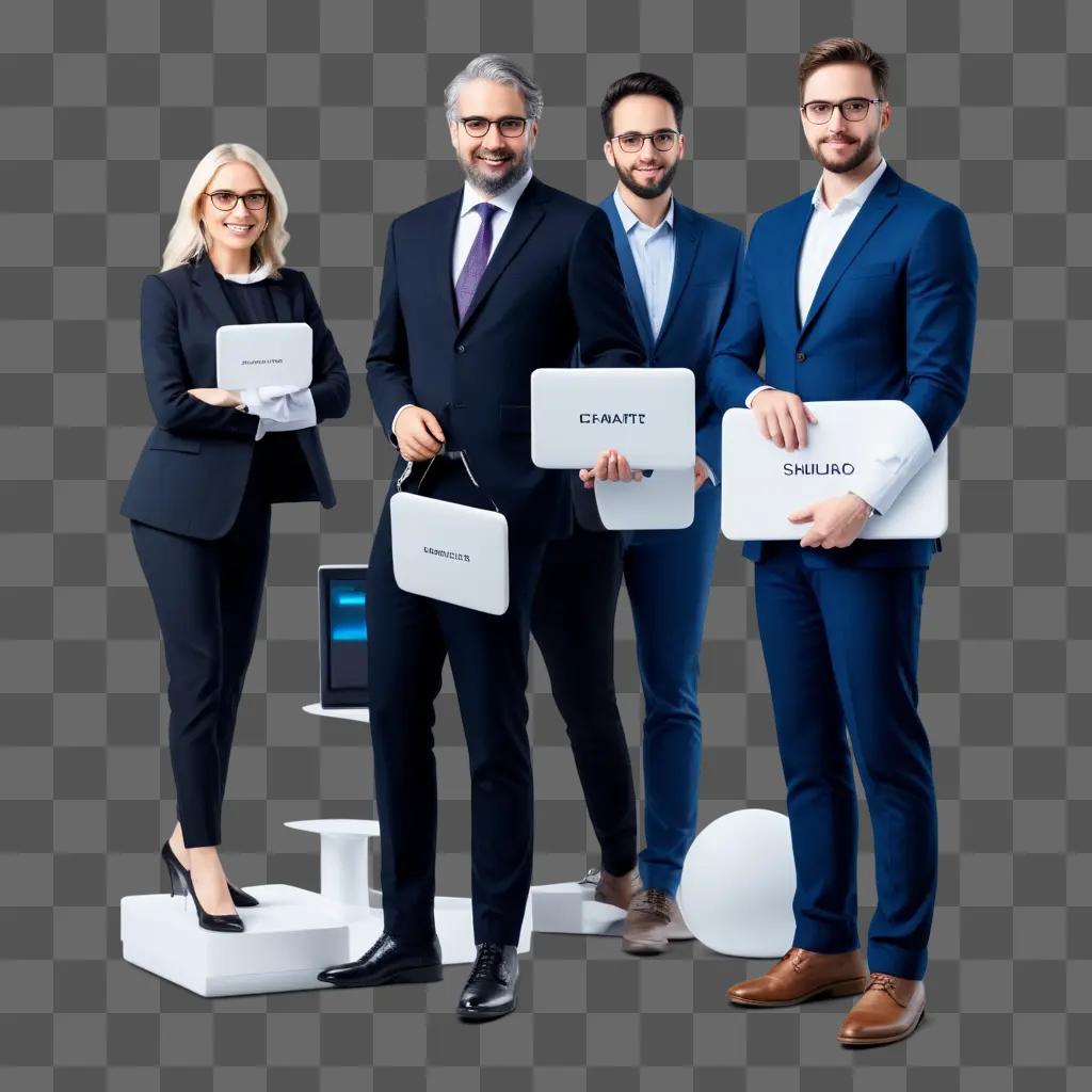 Four professionals in suits holding laptop computers