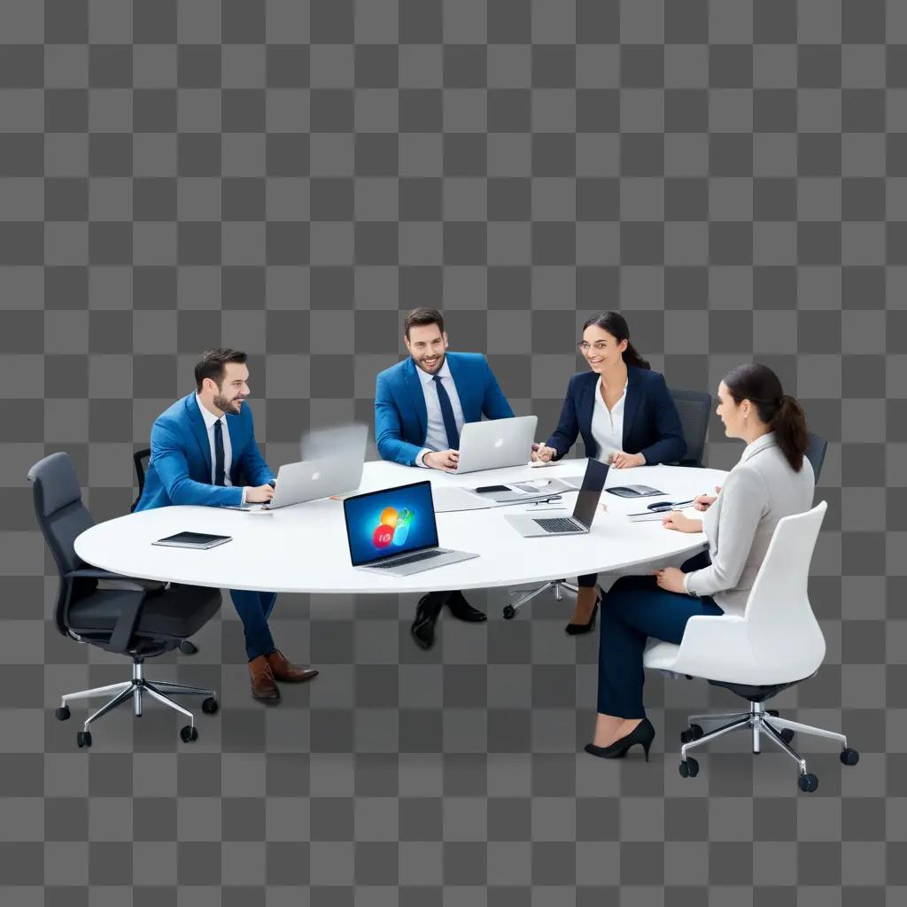 Four professionals work together on a round white table