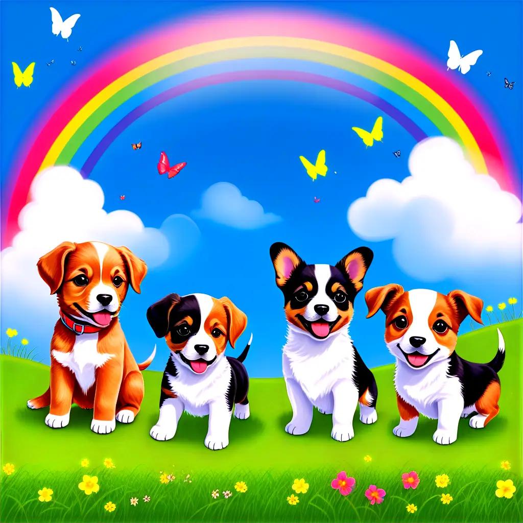 Four puppies in the park under a rainbow