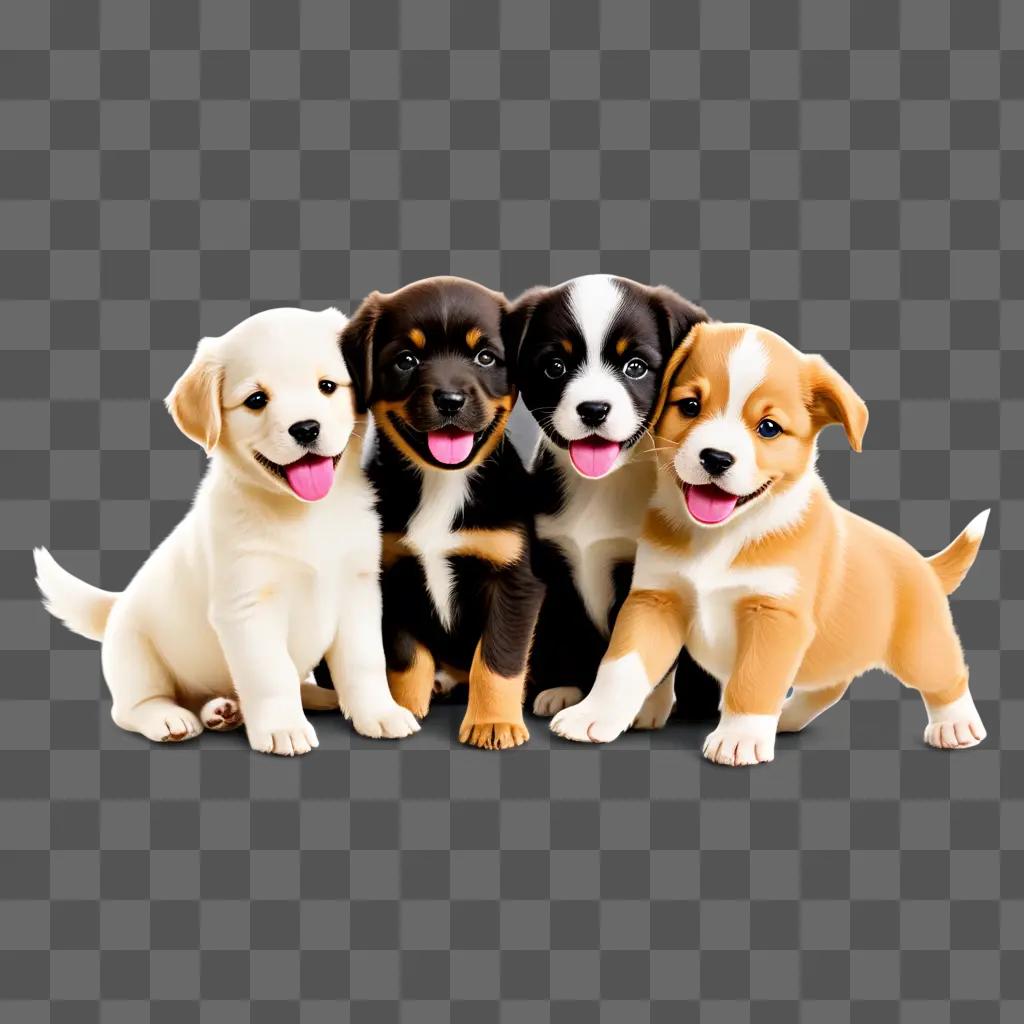 Four puppies with tongue out sit on brown background