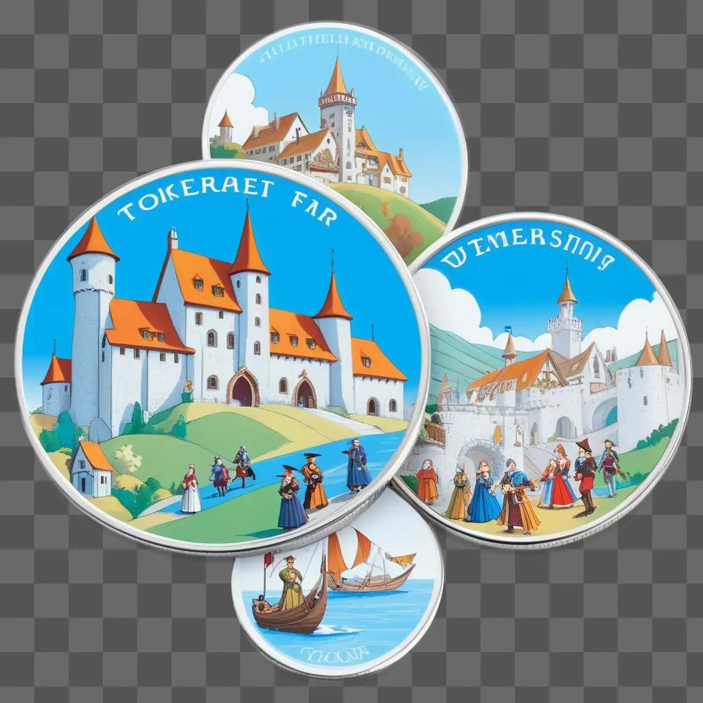 Four round tokens depicting castles and people