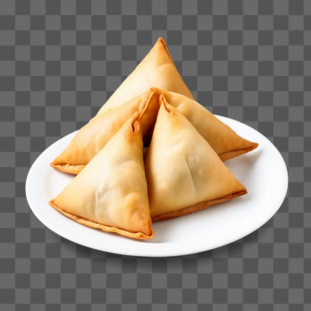 Four samosas on a plate on a table