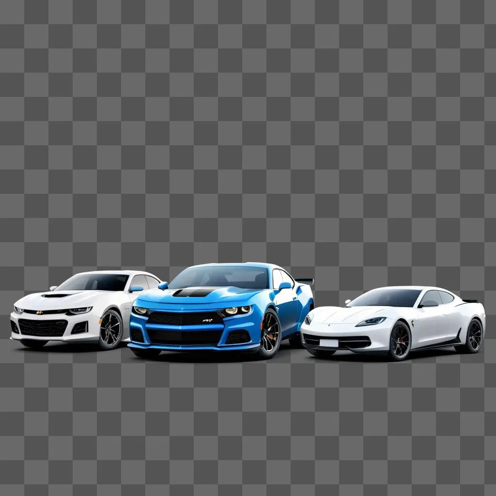 Four sports cars parked in a row against a blue background