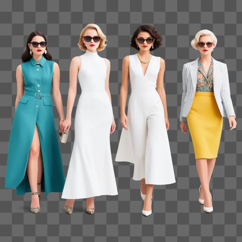 Four stylish women in white dresses and sunglasses