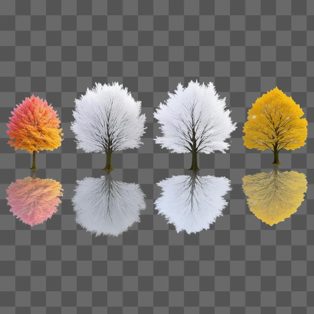 Four trees in different seasons, reflections on the floor