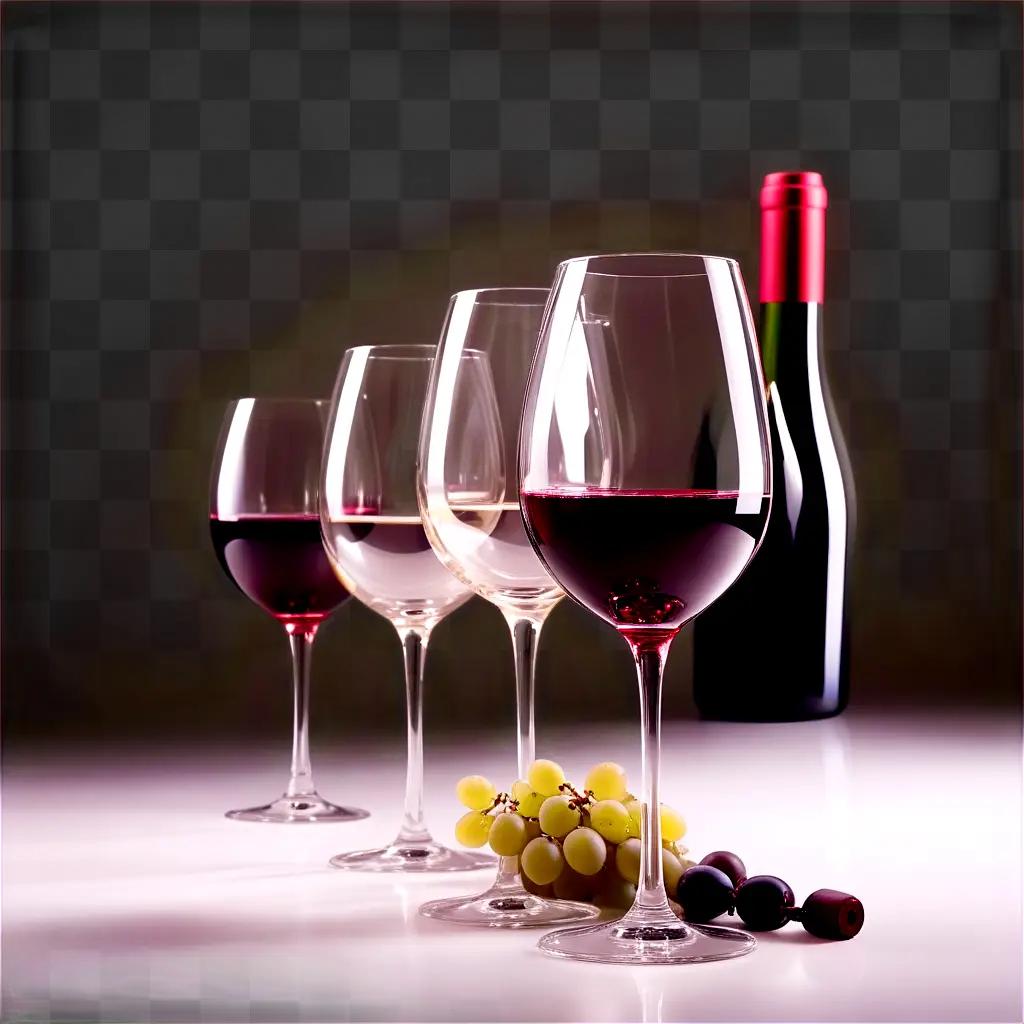 Four wine glasses on a table with grapes