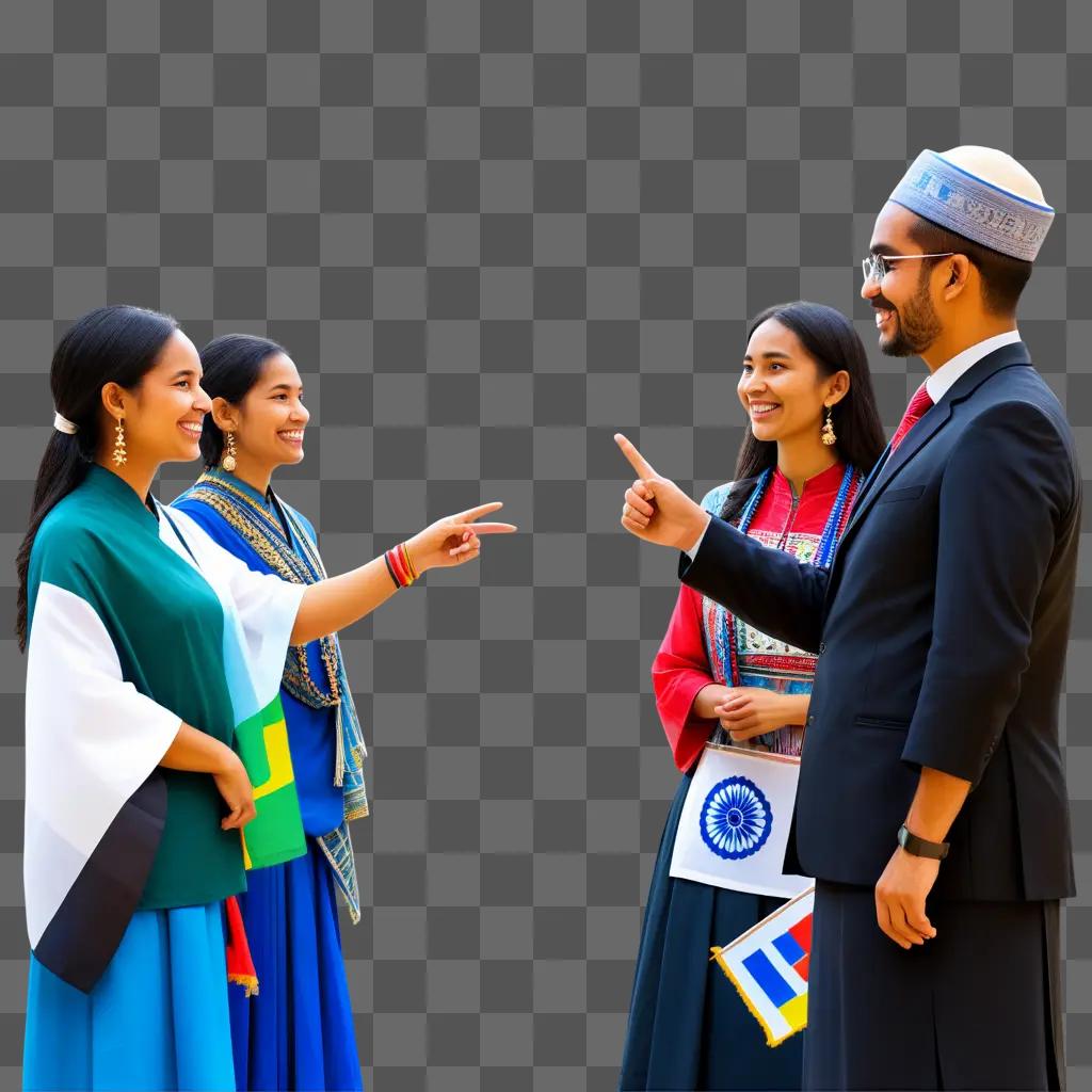 Four women and a man point at each other