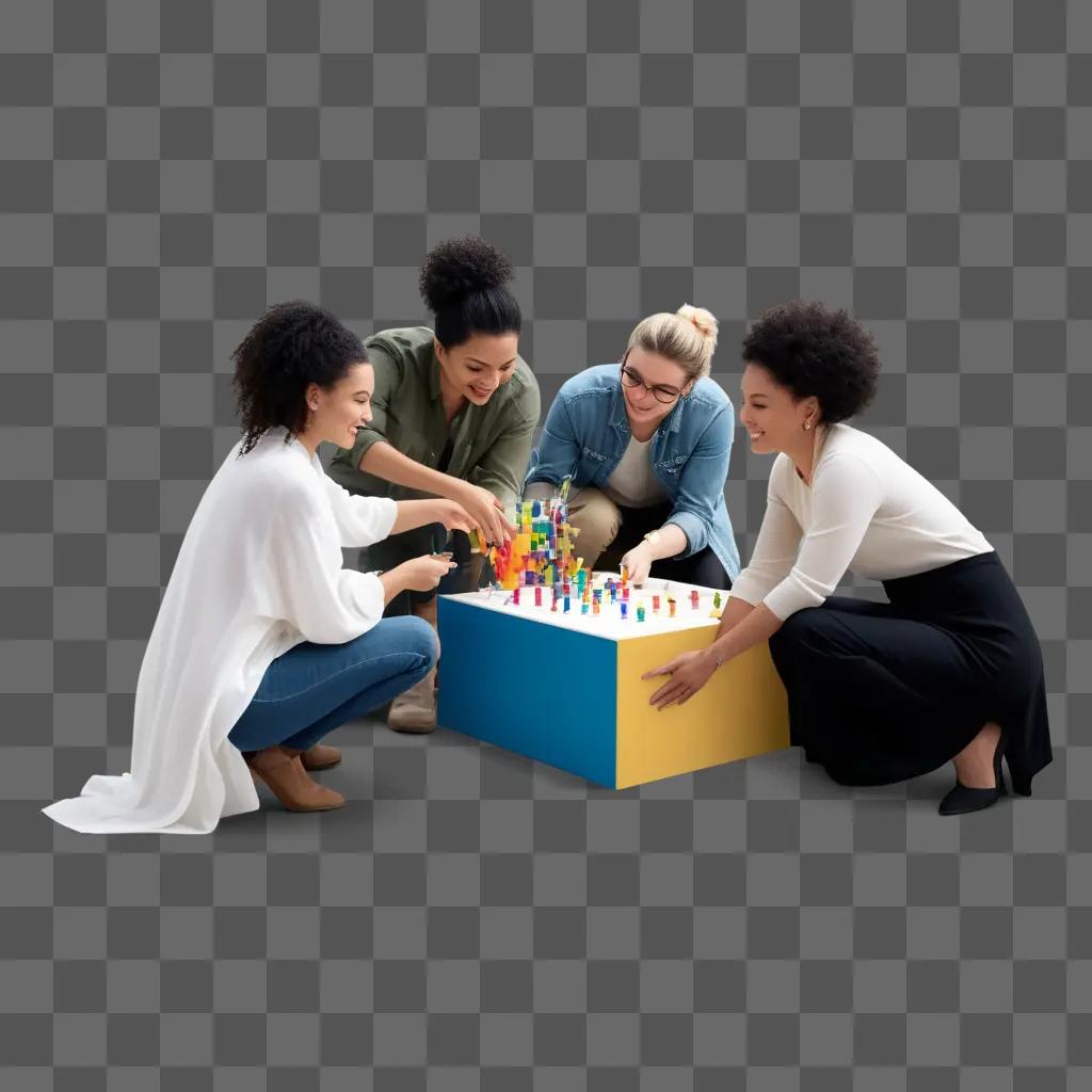 4人の女性が協力してレゴタワーを組み立てる