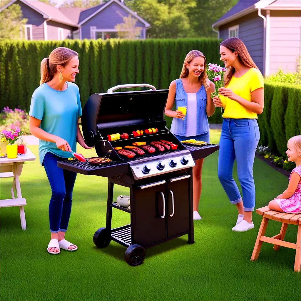 裏庭でBBQピクニックを楽しむ4人の女性