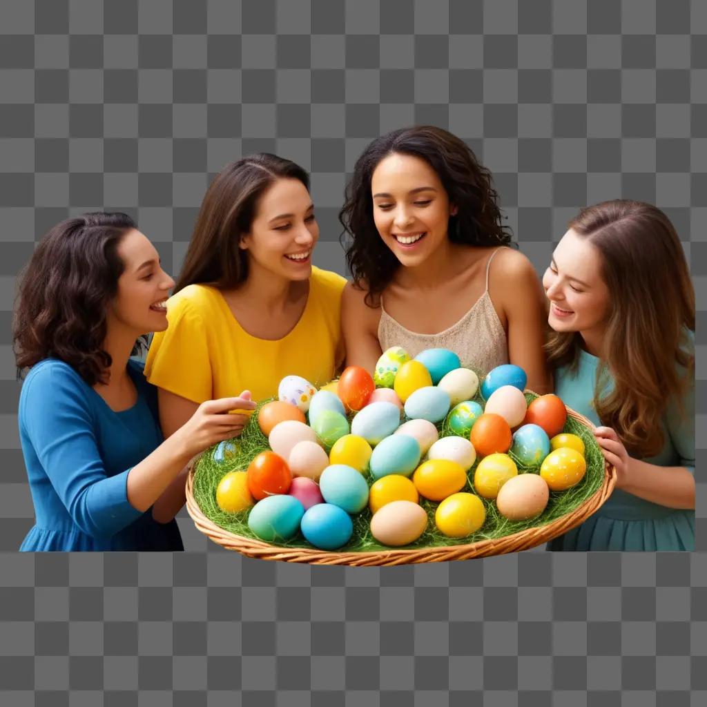 Four women gather around a basket of happy Easter eggs