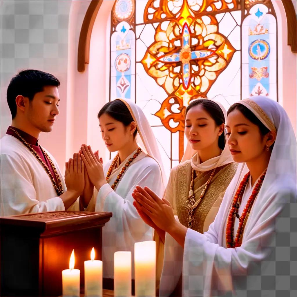 Four women in robes praying together