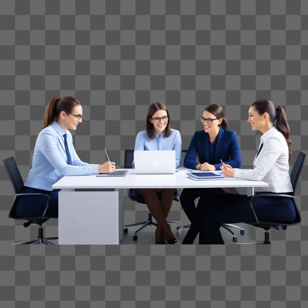 Four women sitting at a table, smiling, wearing ties and glasses