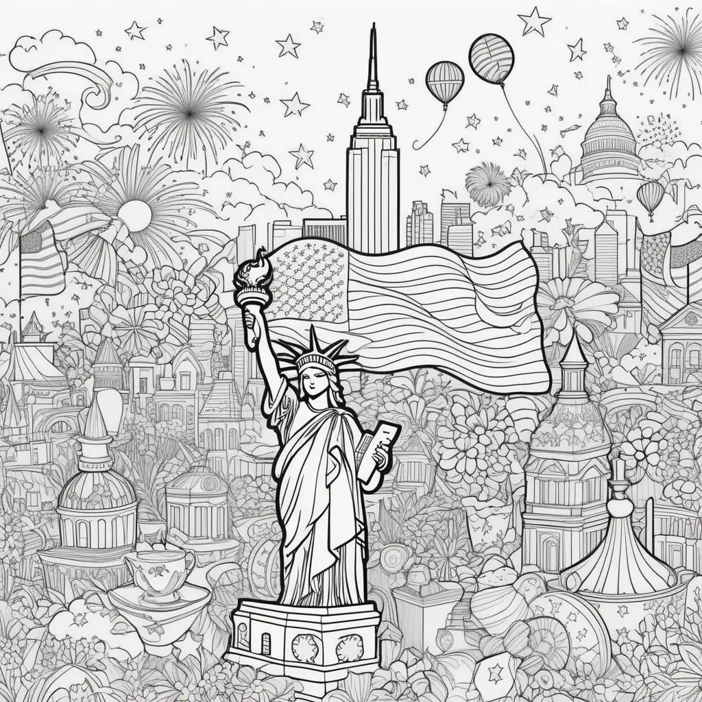 Fourth of July coloring pages with a statue and flags