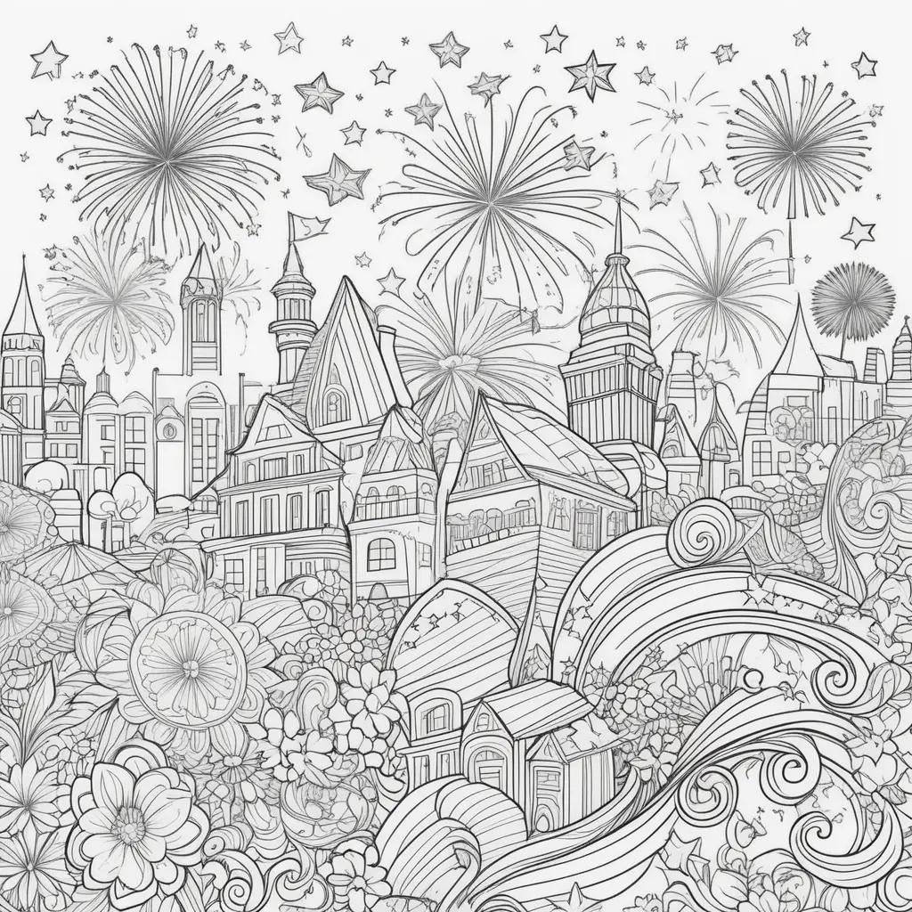 Fourth of July coloring pages with fireworks and buildings