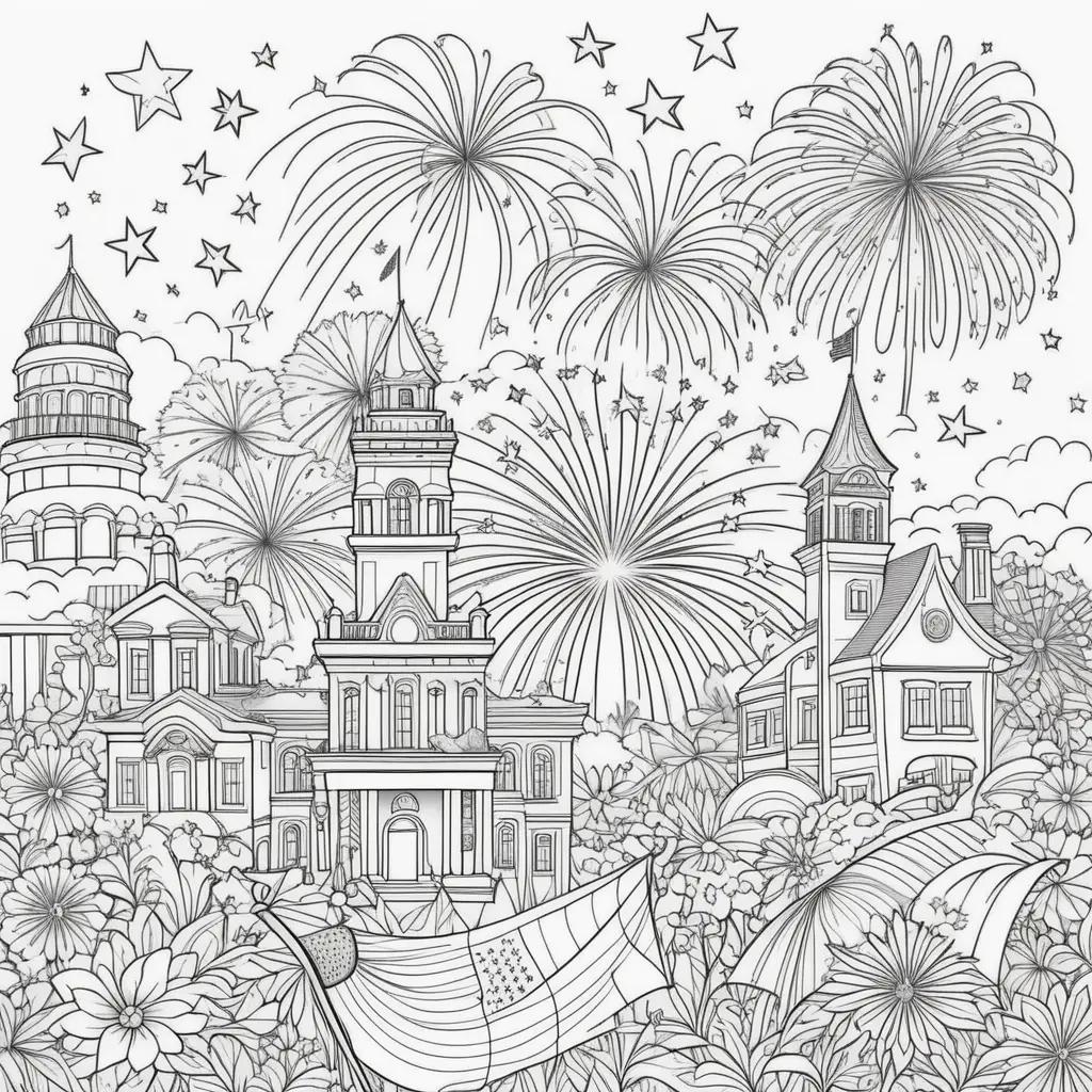 Fourth of July coloring pages with fireworks and flags