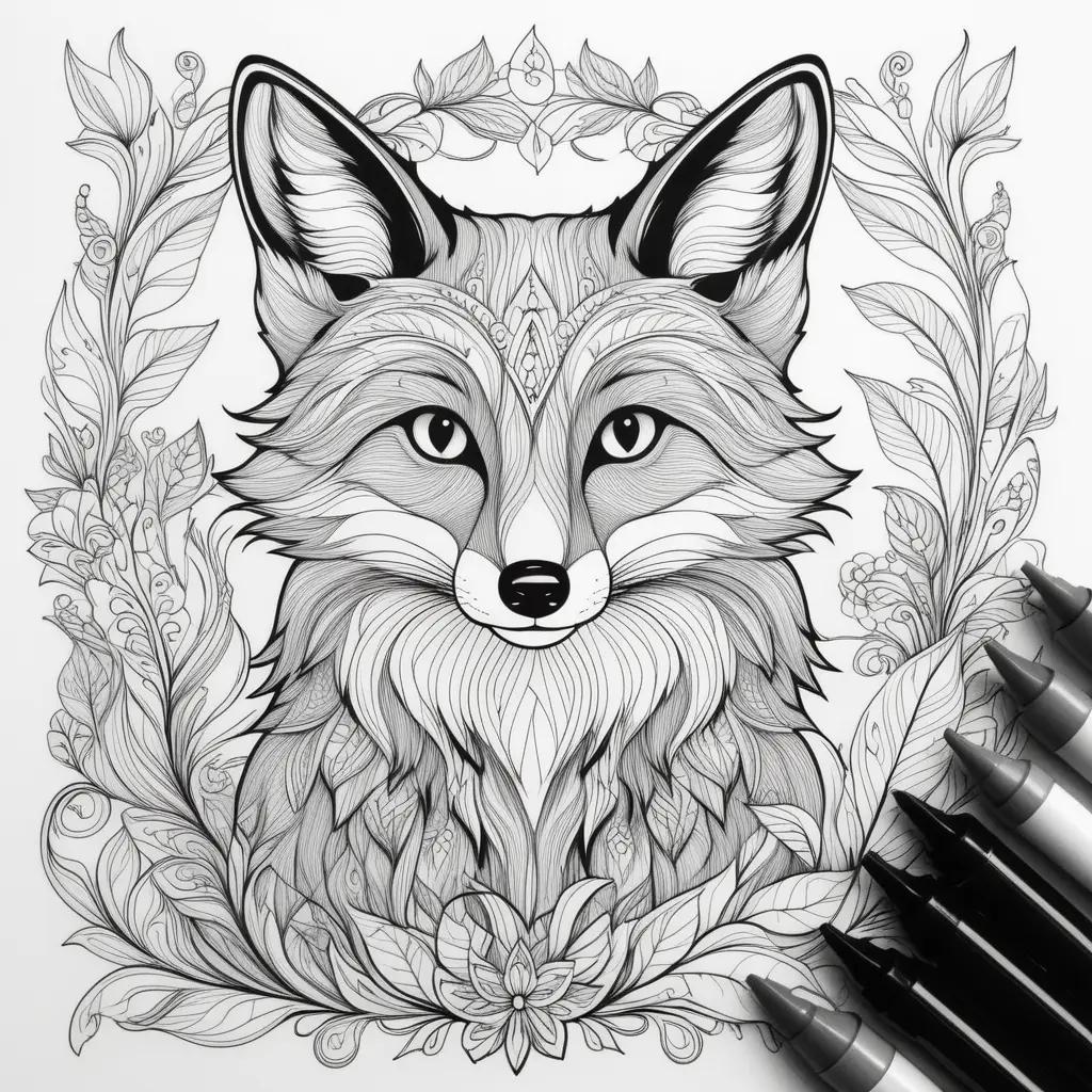 Fox Coloring Pages: A colorful drawing of a fox with black outlines