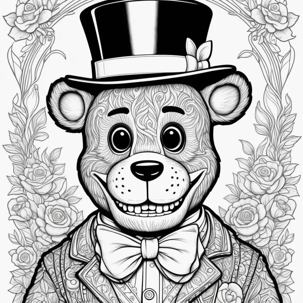 Freddy Fazbear Coloring Page: A Black and White Drawing of a Teddy Bear in a Top Hat