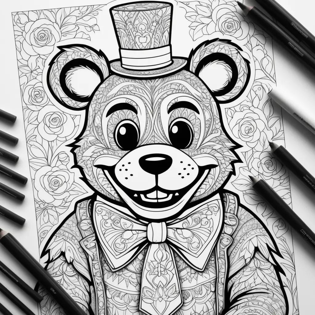 Freddy Fazbear coloring page with a teddy bear and a top hat