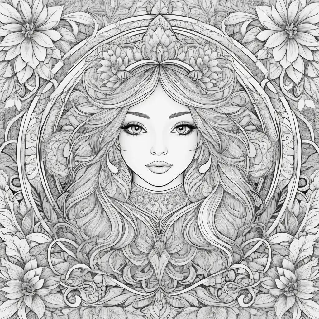 Free Adult Coloring Pages showcases a beautiful woman surrounded by flowers and leaves