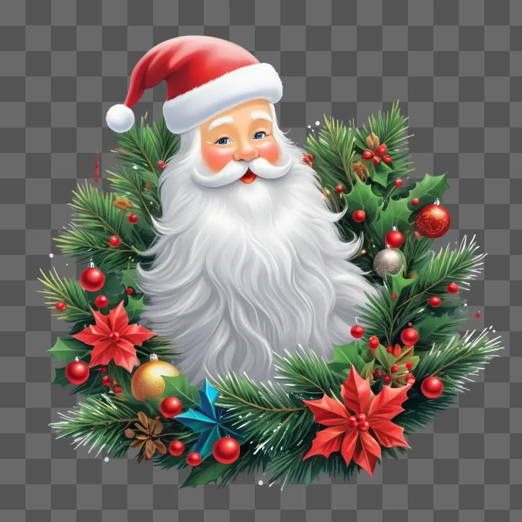 Free Christmas clipart of Santa surrounded by greenery