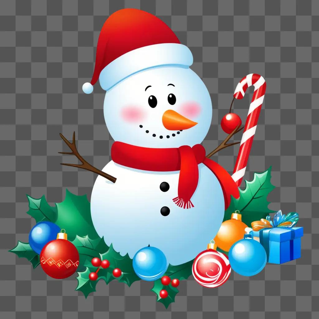 Free Christmas clipart of a snowman and candy cane