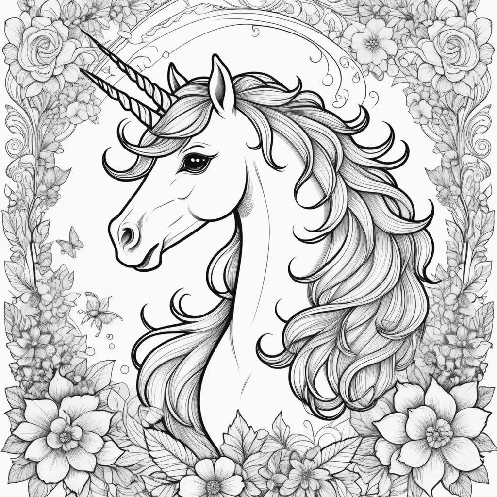 Free Coloring Pages: Unicorn with Flowers and Butterflies