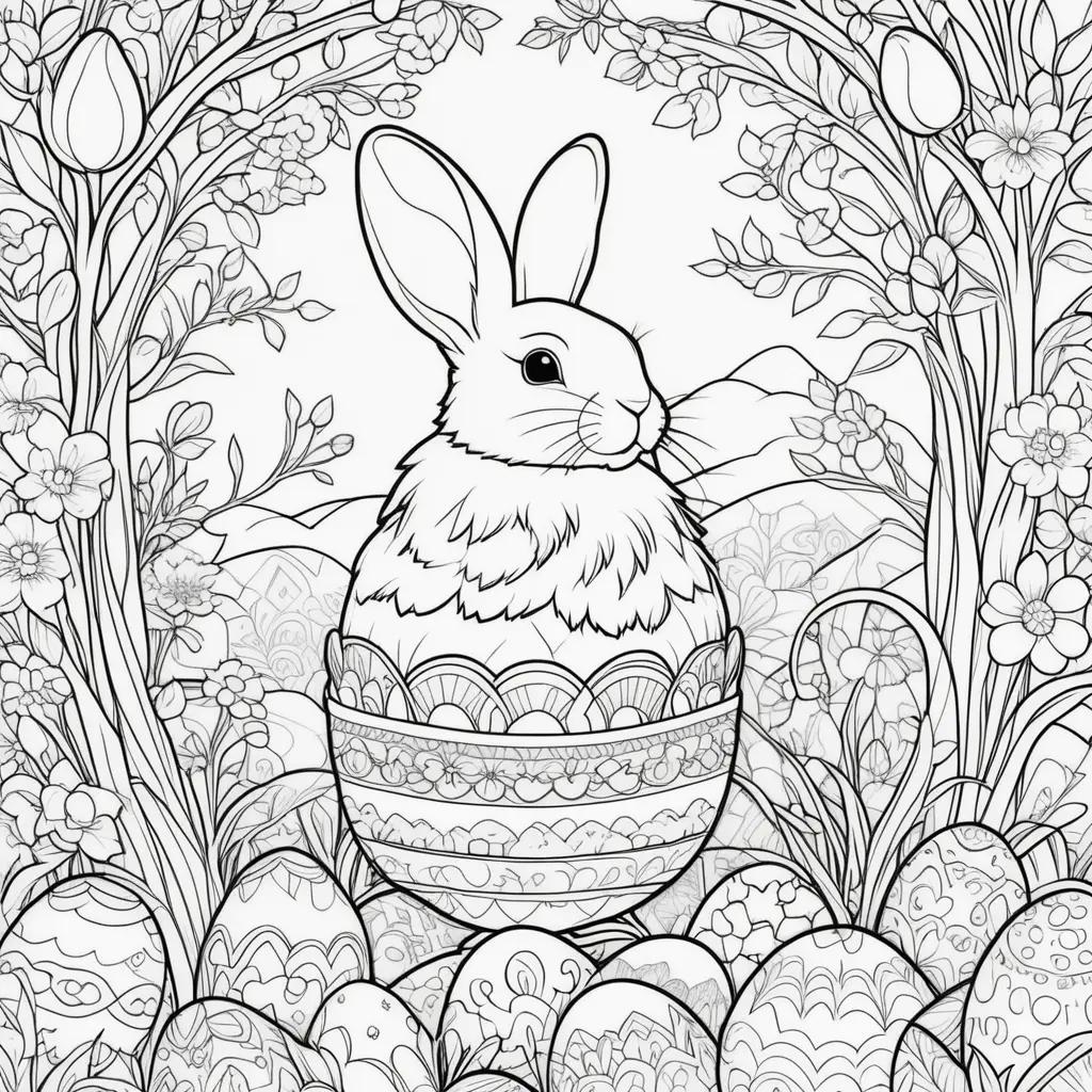 Free Easter coloring pages with a rabbit and eggs in a basket