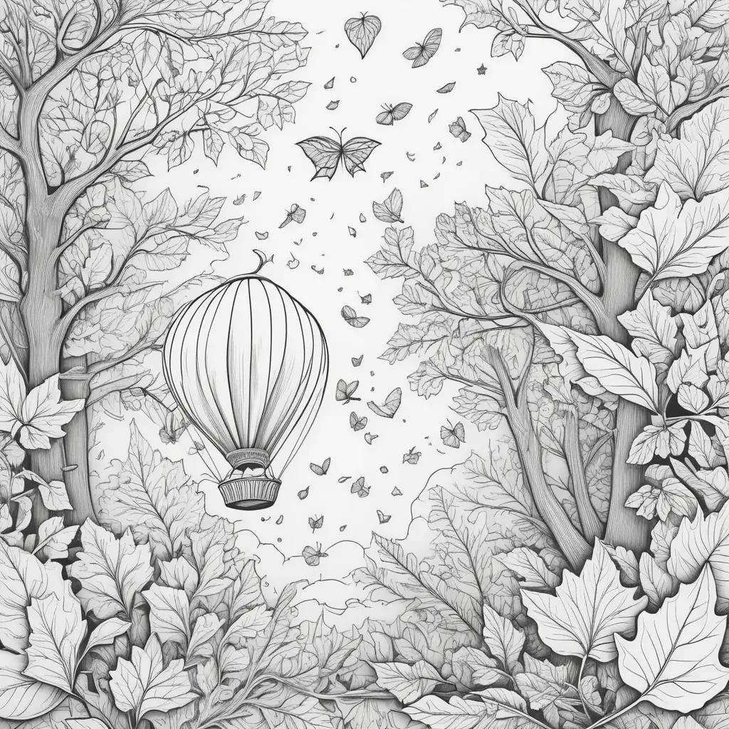 自由落下のぬりえは、森の中の熱気球と蝶の白黒の絵です